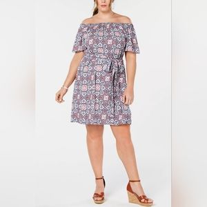 Michael Kors Mosaic Off the Shoulder Navy Coral Dress, NWT, 3X